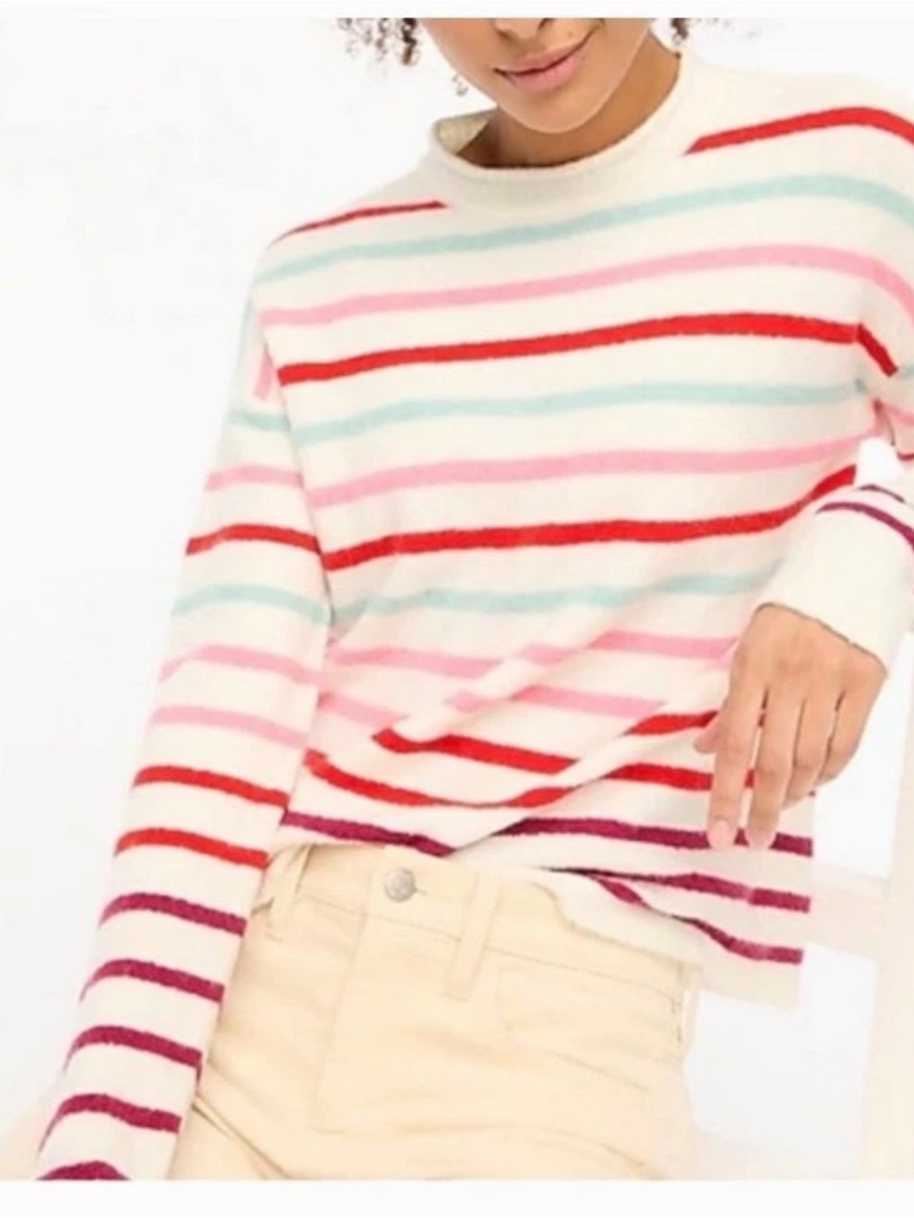 J. Crew Cream Crewneck Sweater with Pink, Red & Light Blue Stripes